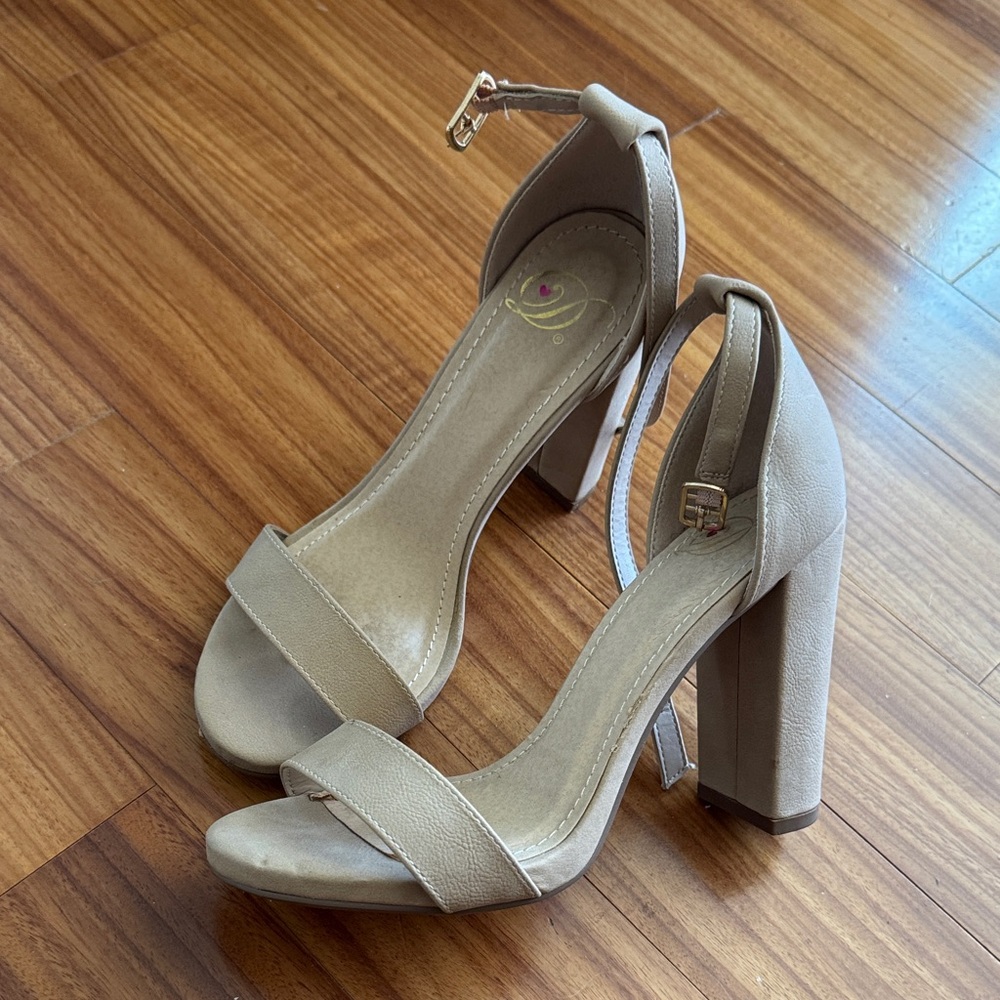 Amazon Beige Ankle-Strap Block Heel Sandals